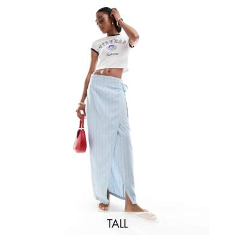 Vero Moda Tall wrap midi skirt in pale blue pinstripe