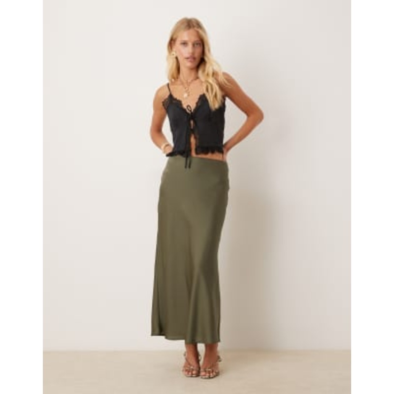 VILA satin maxi skirt in olive green