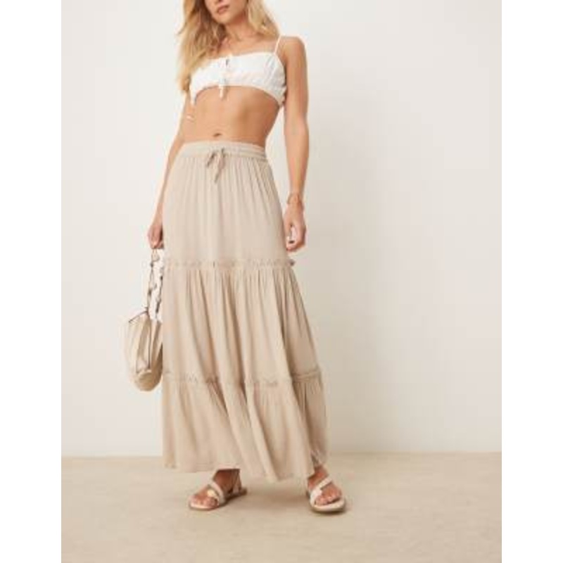 VILA tiered boho maxi skirt in beige
