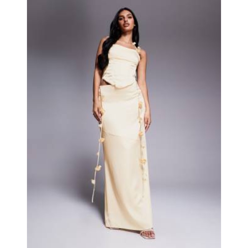 Wanderdoll Esmerelda premium satin drape flower detail maxi skirt in lemon – part of a set