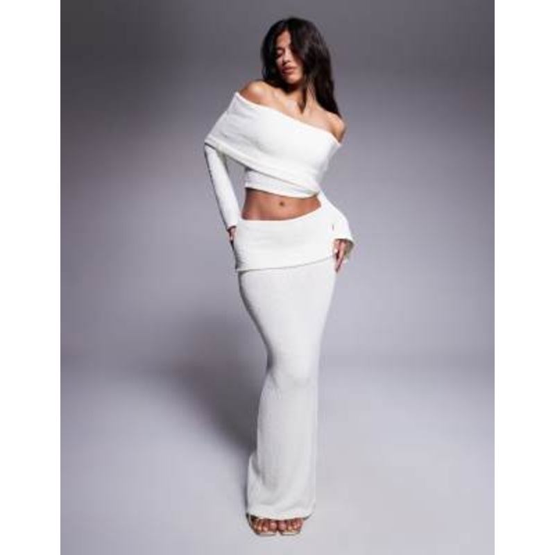 Wanderdoll Yasmin boucle knit extreme foldover top and maxi skirt set in cream