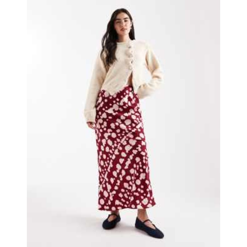 Wednesday’s Girl smudgy dot print bias cut midaxi skirt in burgundy and pink