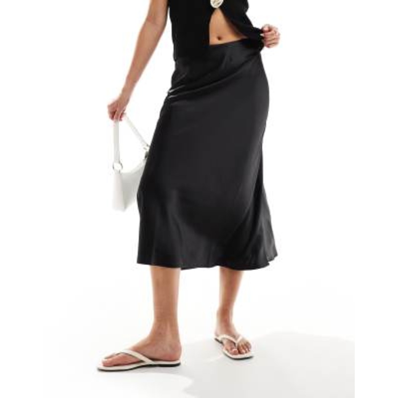 YAS satin midi skirt in black