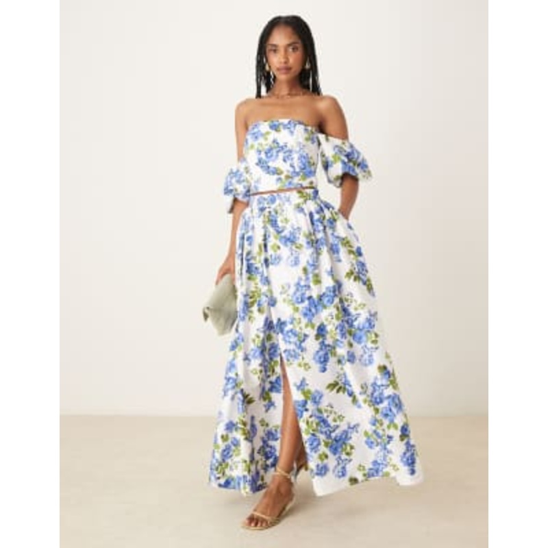 YAS volume midi skirt in blue and white floral – part of a set