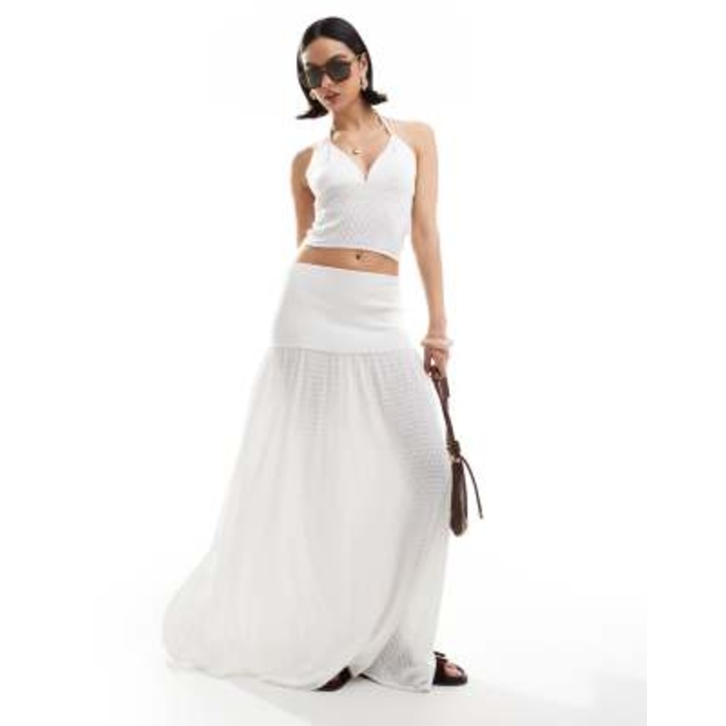 4th & Reckless beach knit halterneck cami top & drop waist maxi skirt set in white