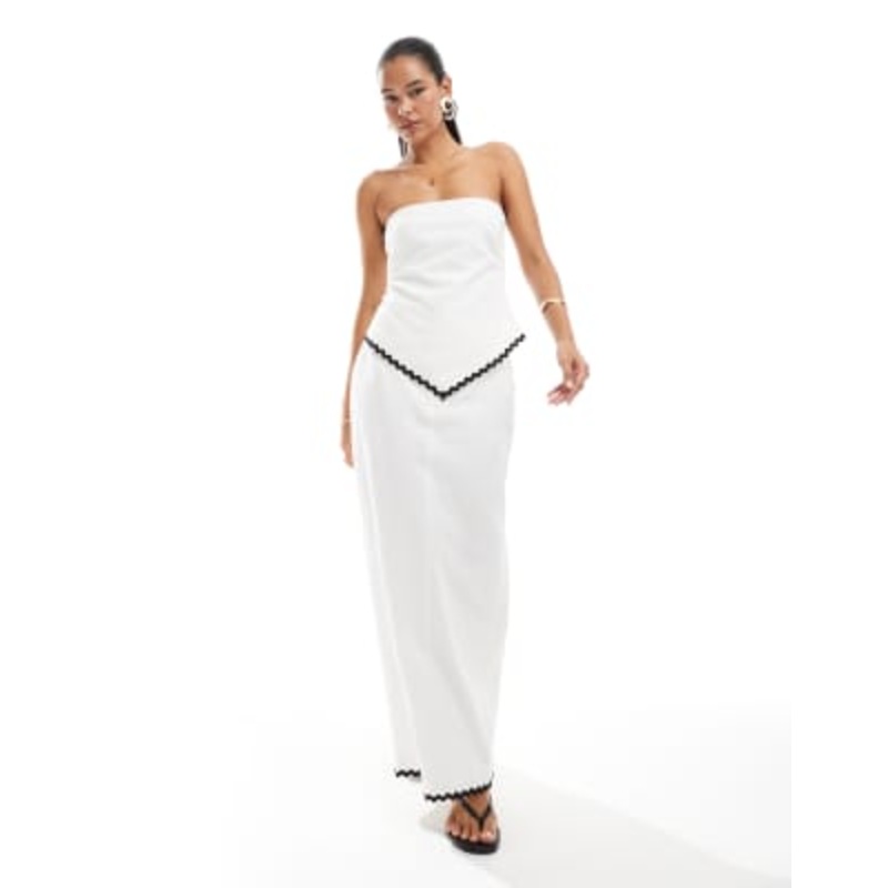 4th & Reckless linen look bandeau envelope hem contrast scallop trim top and maxi skirt set in mono