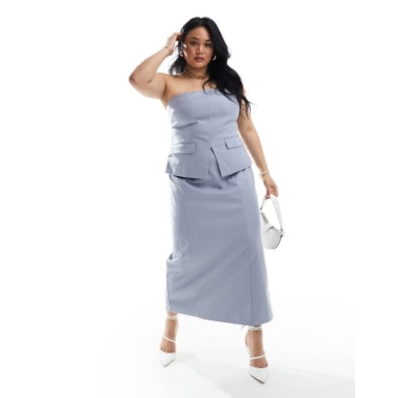 4th & Reckless Plus Exclusive tailored bandeau top and maxi skirt set in blue
