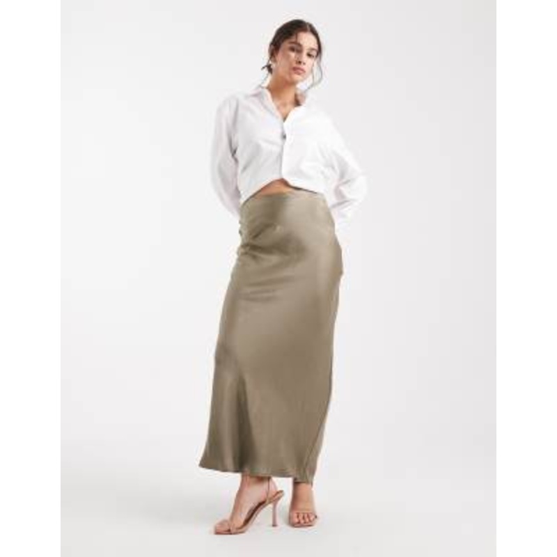 4th & Reckless satin column maxi skirt in olive
