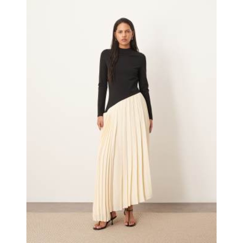 ARRANGE contrast fabric sculpted maxi dress with pleat skirt in black