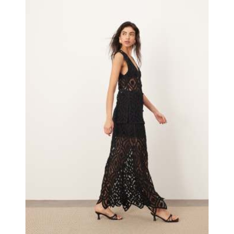 ARRANGE crochet longline button through top and A-line maxi skirt black