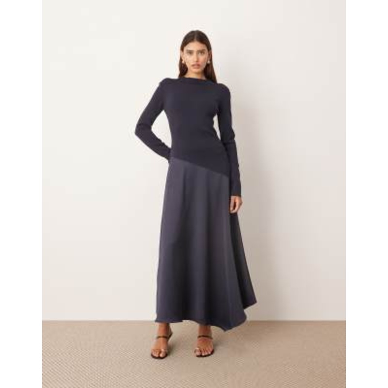 ARRANGE hybrid knit maxi dress with asymmetric skirt in navy