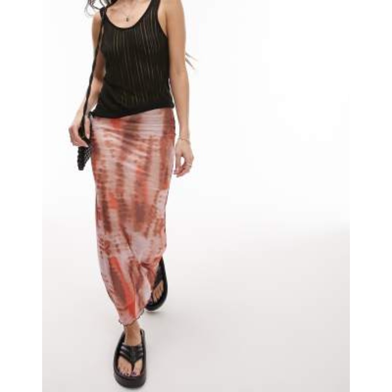 Topshop mesh tie dye picot trim midi skirt in red