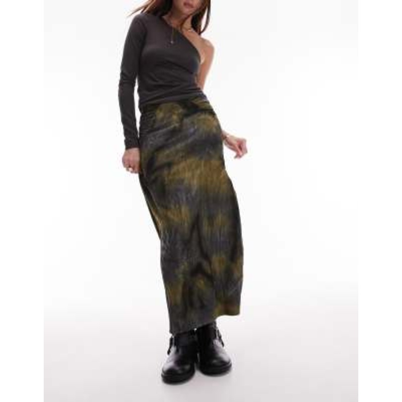 Topshop midi skirt in jersey textured with split front in blurred khaki print