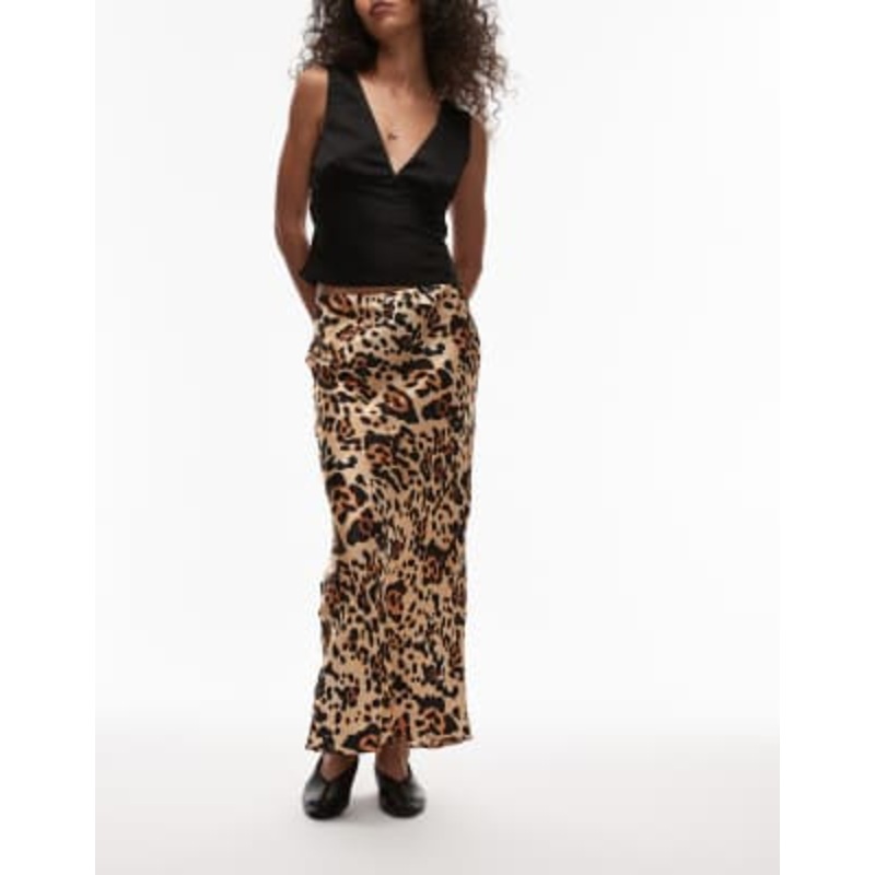 Topshop satin bias cut maxi skirt in animal