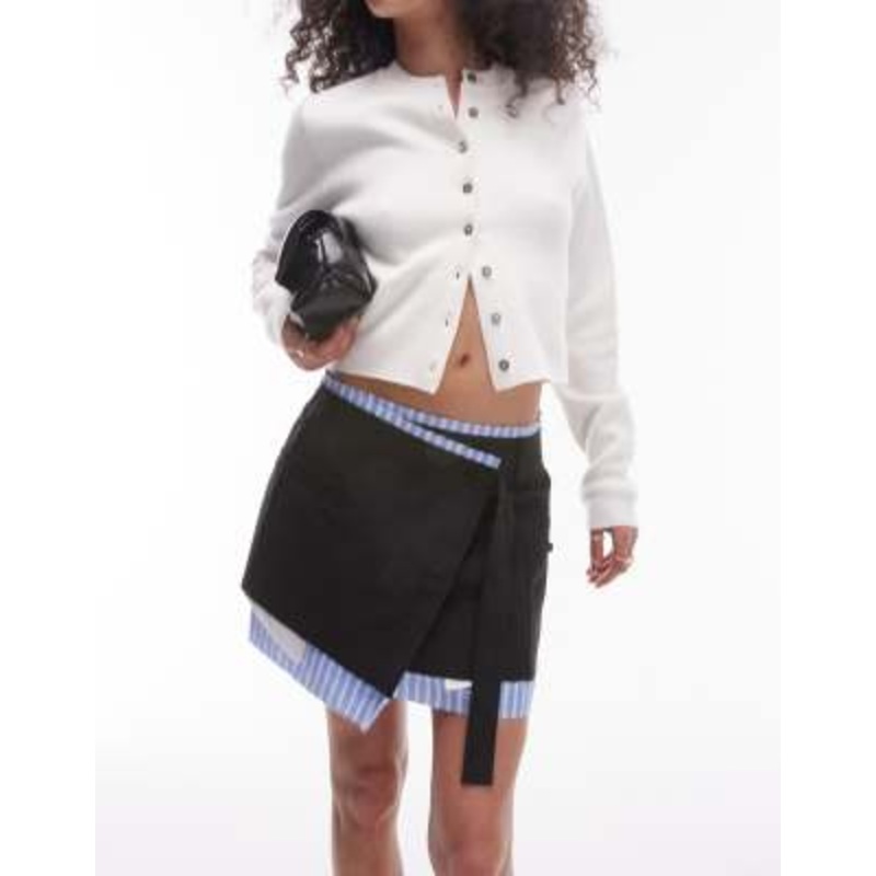 Topshop wrap over raw contrast mini skirt in black