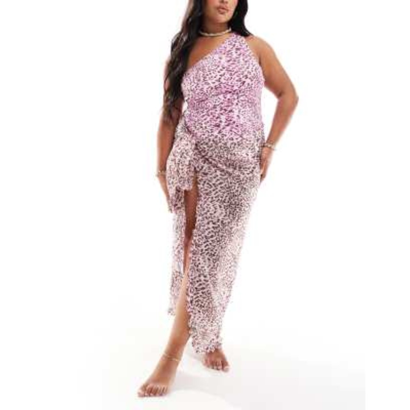 Vero Moda Curve lettuce edge graduated sarong skirt in pastel lavender leopard print