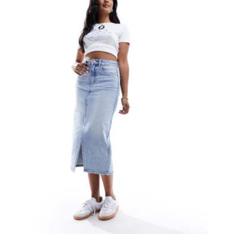 Vero Moda denim midaxi skirt with front split in light blue