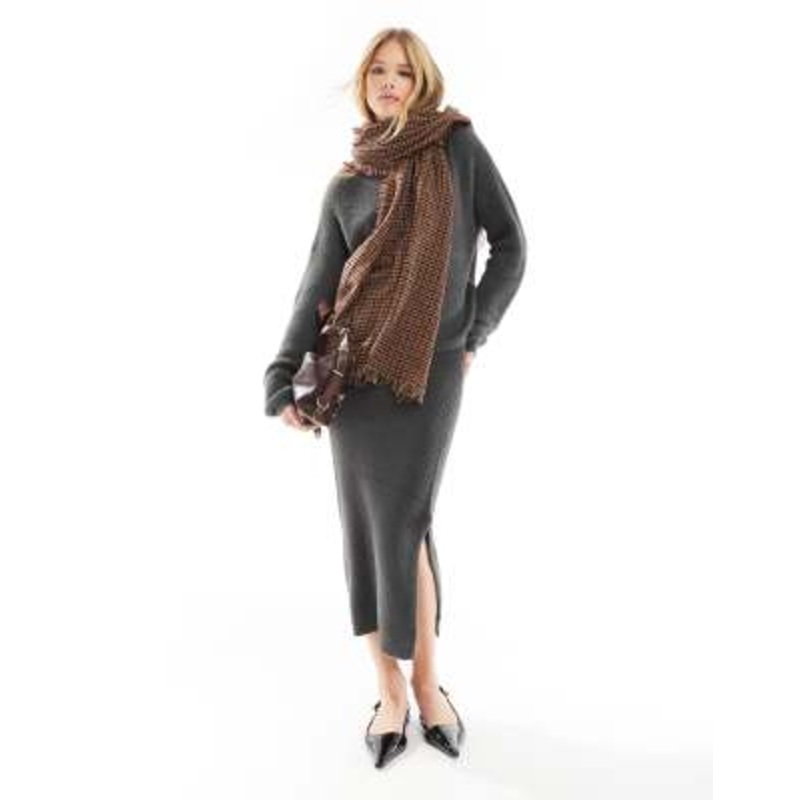 Vero Moda fluffy sweater and midi skirt set in asphalt gray