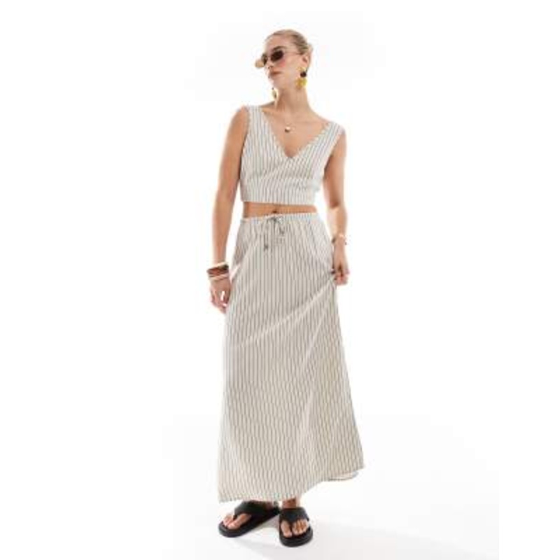 Vero Moda linen touch crop top and maxi skirt set in stone stripe