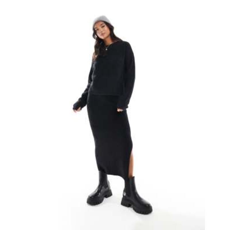 Vero Moda Petite fluffy sweater and midi skirt set in black