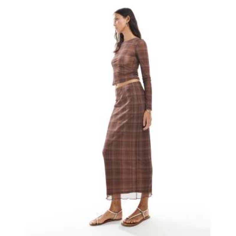 Vero Moda sheer mesh long sleeve top and maxi skirt set in mocha check print
