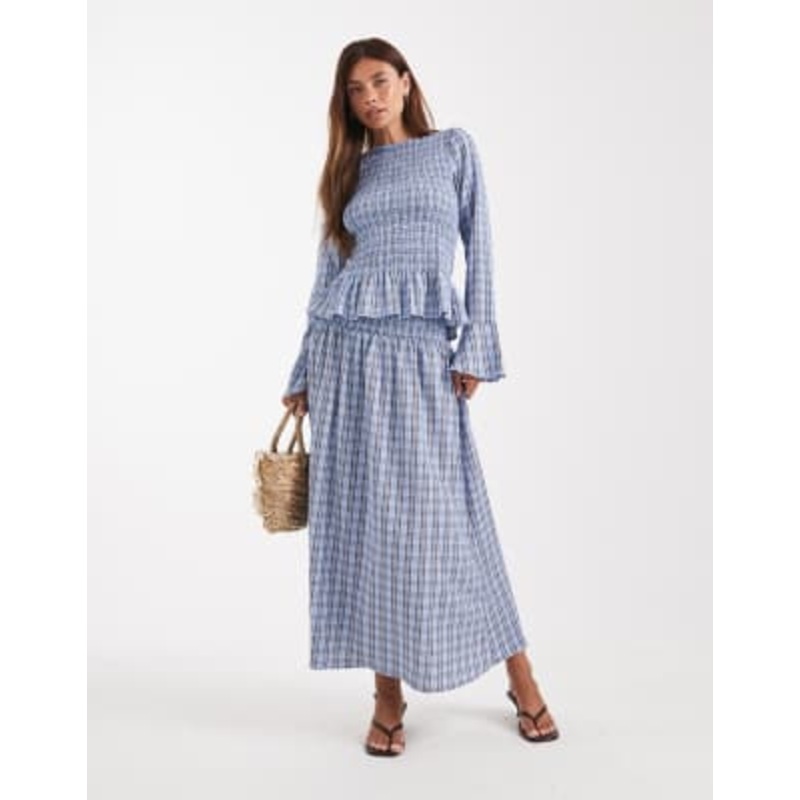 Vero Moda shirred waist maxi skirt in blue and brown plaid print – part of a set