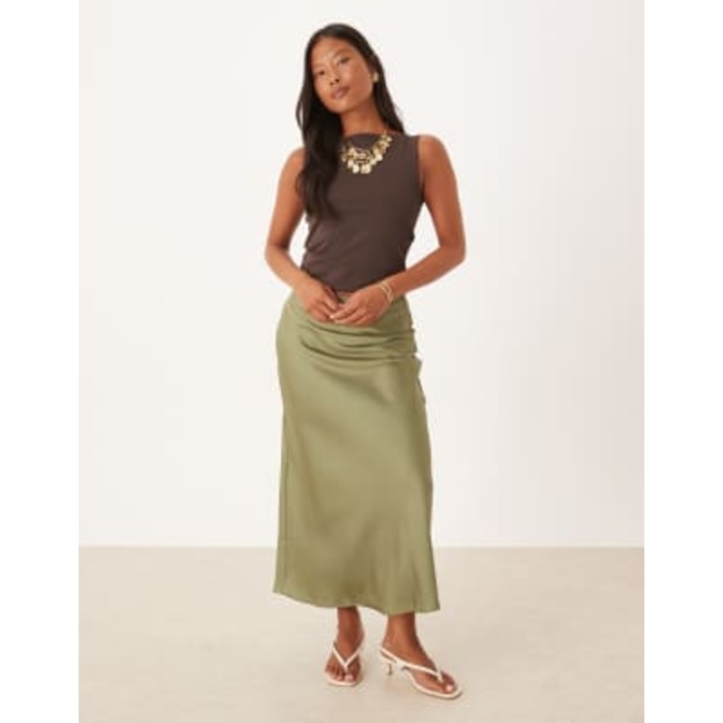 VILA Petite satin maxi skirt in oil green