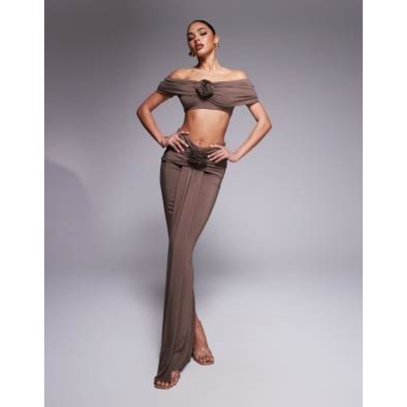 Wanderdoll Belle ruched off the shoulder top and maxi skirt set with corsage drape detail in chocolate