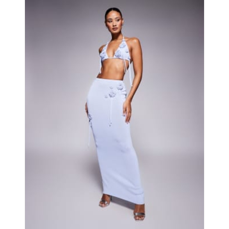 Wanderdoll knit corsage tassel detail bralette top and skirt set in baby blue