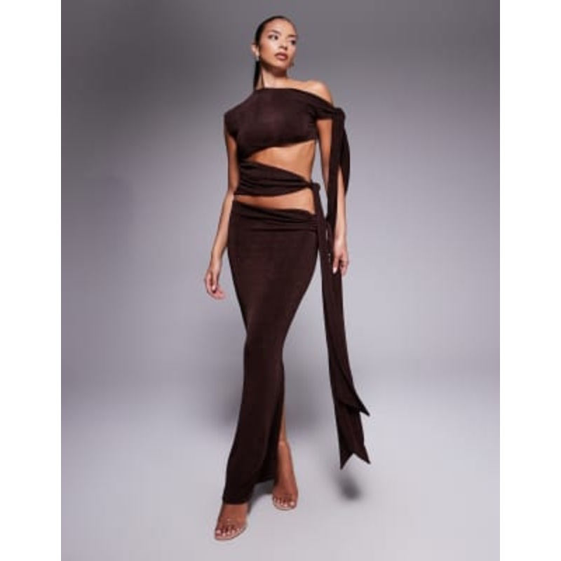 Wanderdoll Noa premium slinky drape off-shoulder tie shoulder top and maxi skirt set in espresso