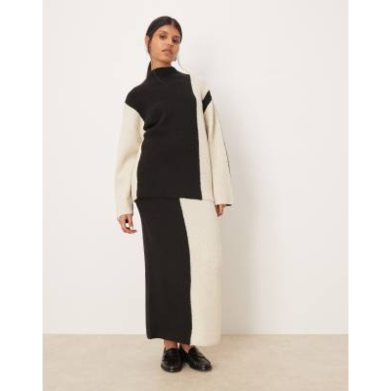 YAS constrast knit sweater and maxi skirt set in black and cream