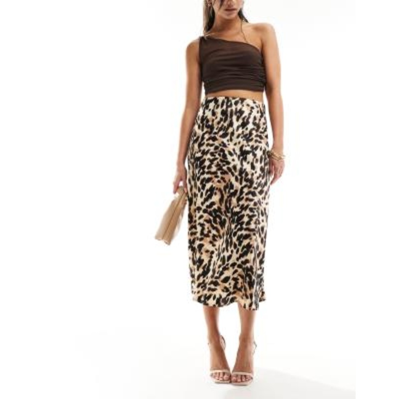 YAS satin midi skirt in leopard print