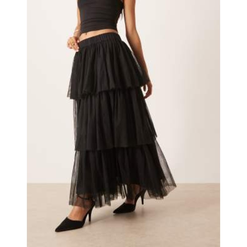 YAS tiered tulle midi skirt in black