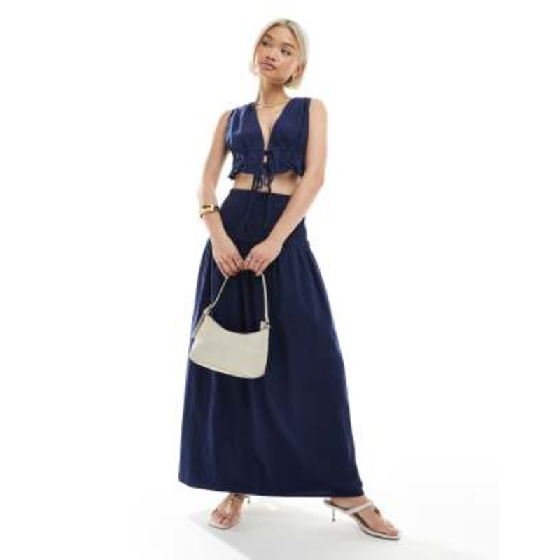 4th & Reckless linen look dropped waist maxi skirt in navy – part of a set