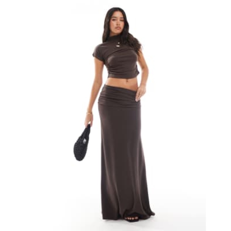 4th & Reckless ruched high neck short sleeve top and fold over maxi skirt set in chocolate
