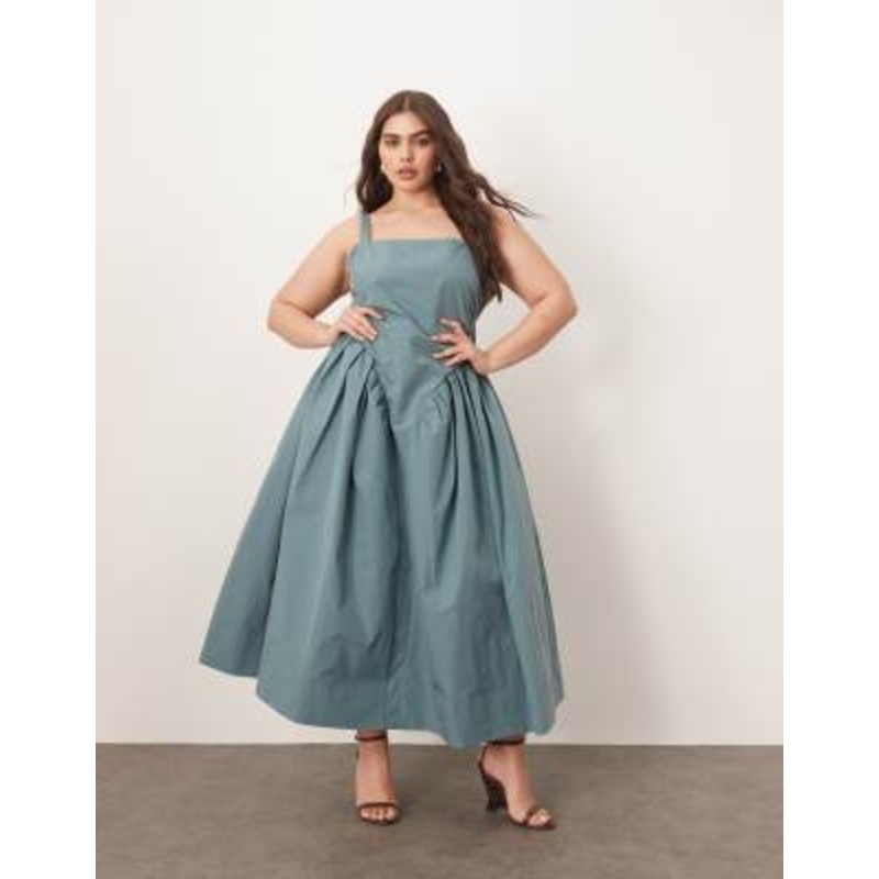 ARRANGE Curve strappy ruched bodice full skirt maxi dress in dusky blue