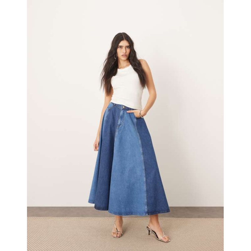 ARRANGE denim paneled maxi skirt in blue two tone