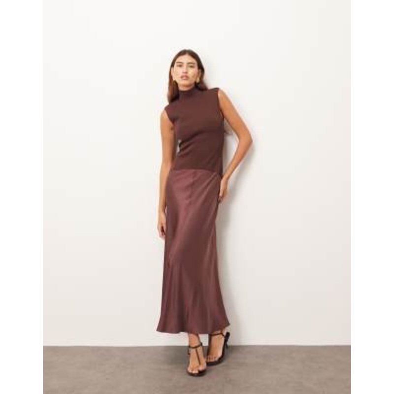 ARRANGE knit dropped waist midi dress with satin skirt in chocolate