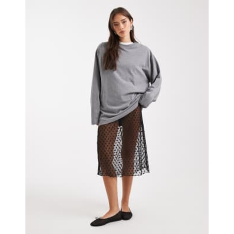 COLLUSION polka dot sheer mesh awkward length skirt in black
