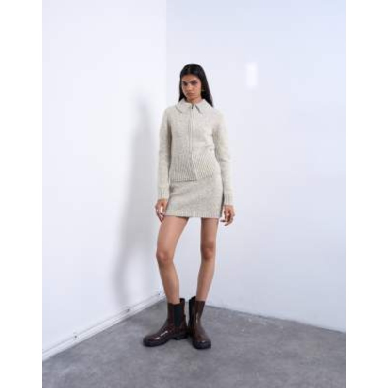 Topshop knit heavy twist yarn cardigan and skirt set in blue and yellow