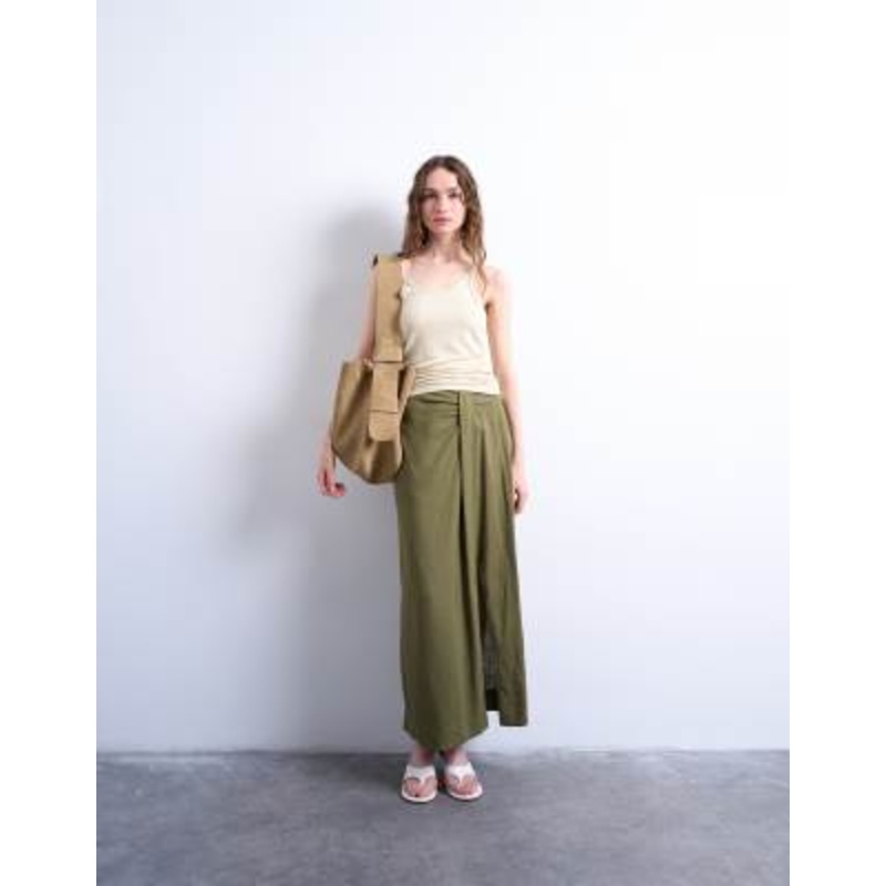 Topshop linen sarong maxi skirt in green
