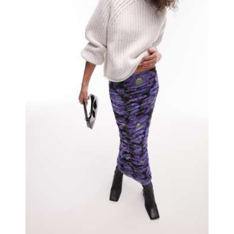 Topshop ruched mesh floral midi skirt in purple