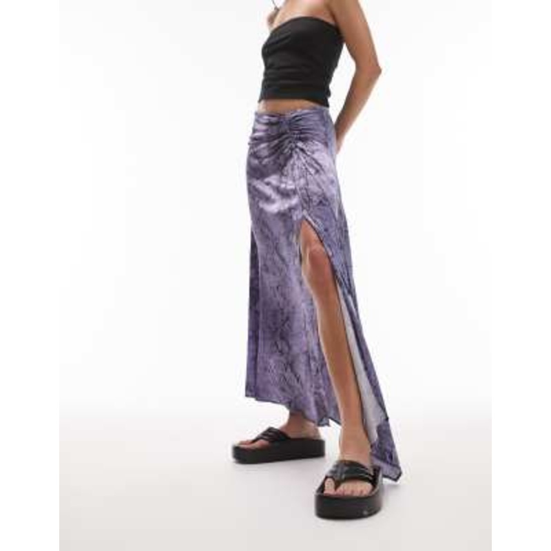 Topshop snake print ruched side midi skirt in purple