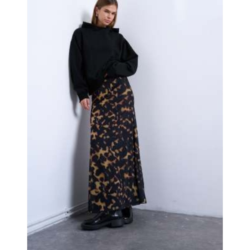 Topshop tortoise shell animal print mesh maxi skirt in black