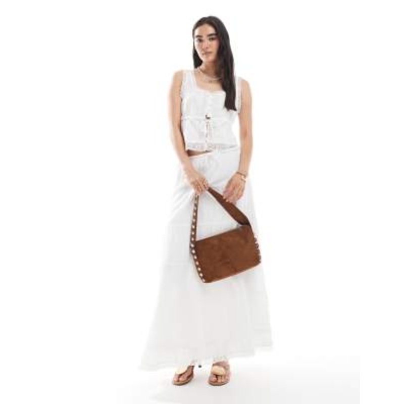 Vero Moda lace trim crinkle cotton square neck top and tiered boho maxi skirt set in white