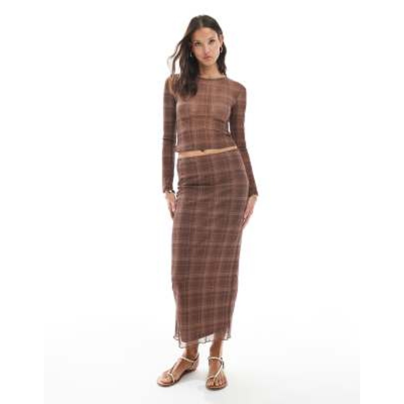 Vero Moda mesh top and maxi skirt set in mocha plaid print