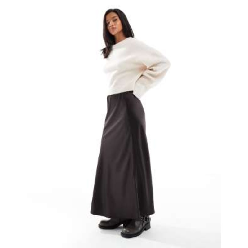 Vero Moda Petite satin bias midi skirt in chocolate