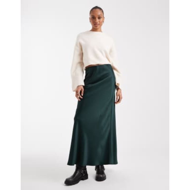 Vero Moda Tall satin bias cut midi skirt in emerald green