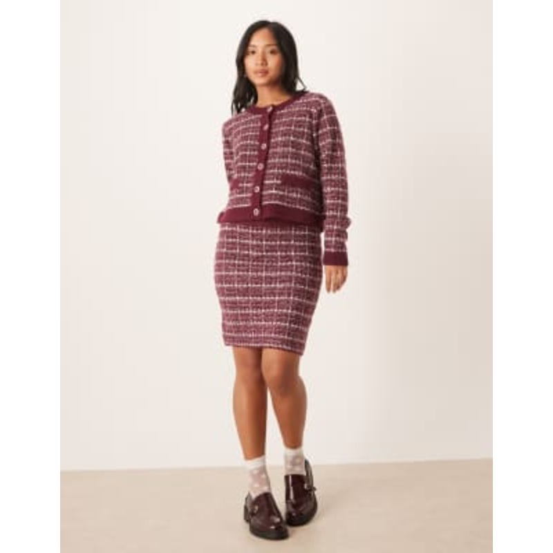 Vila Petite boucle check cardigan and knit skirt set in burgundy