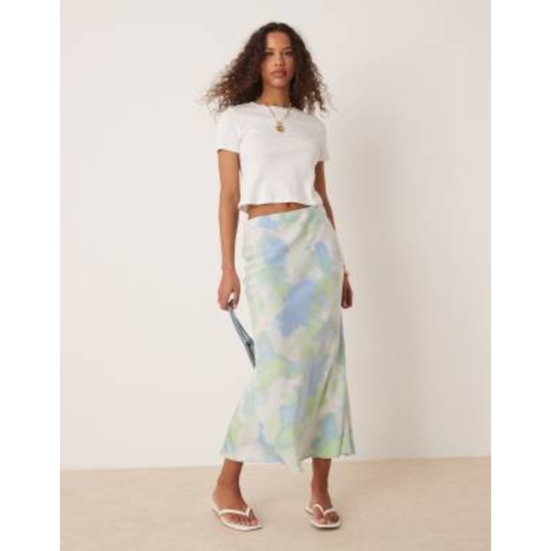 VILA satin midi skirt in blue and green marble print